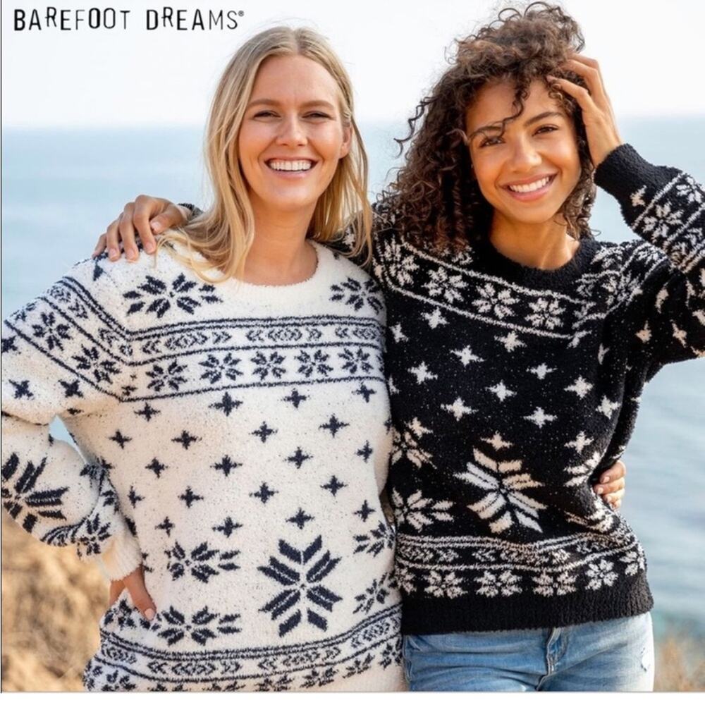 Barefoot Dreams Sweater Nordic Fair Isle White‎ Size Large Cozy Plush Winter